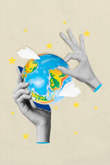 Poster banner picture 3d collage sketch template of human arm hold globe buy tickets flight abroad...