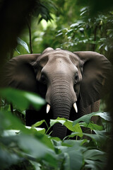 Naklejka premium Elephant head portrait seen trough jungle trees and lush leaves. Generative AI