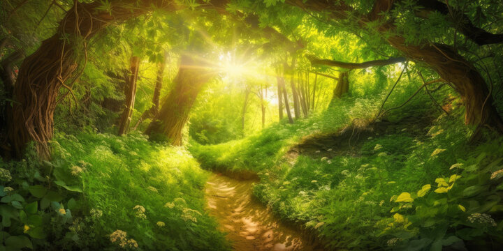 Path in beautiful summer forest lit by sun beam