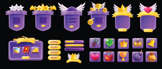 3D UI game asset set, button GUI interface vector design elements, mobile video app icon menu kit. Golden crown, winner star badge, window banner frame, level up border ribbon. UI game prize indicator © Oleksandra