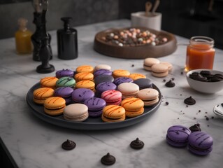 Obraz na płótnie Canvas A Plate of Halloween-themed Macarons Arranged on a Plate over a Marble Surface in a Modern Kitchen. Halloween Sweet Food Photography