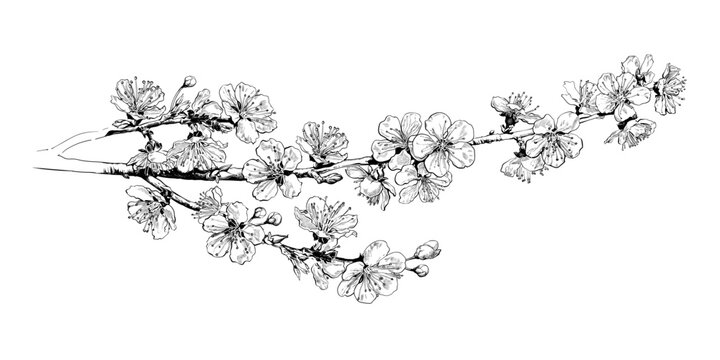 Hand drawn highly detailed realistic cherry blossom branch. Black and white sketch of sakura flowers. Vector illustration.