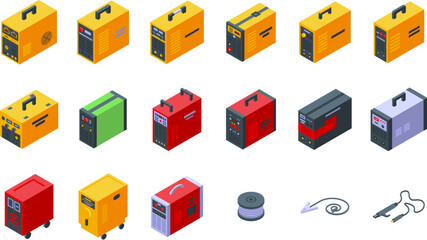 Welding machine icons set isometric vector. Cable material. Engineer steel