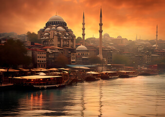 Fototapeta na wymiar Istanbul City Wallpaper Silhouette View over the city at sea with view to mosque at sunrise Türkiye