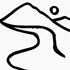 Abstract mountain range landscape background. Simple line drawing of mountains and sun. Modern one line nature illustration. Vector sunset wallpaper