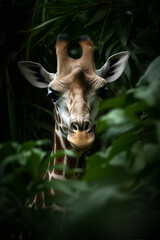 Giraffe head portrait seen trough jungle trees and  lush leaves. Generative AI