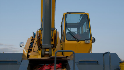 construction crane cabin industrial hydraulic equipment heavy powerful machine close up detail