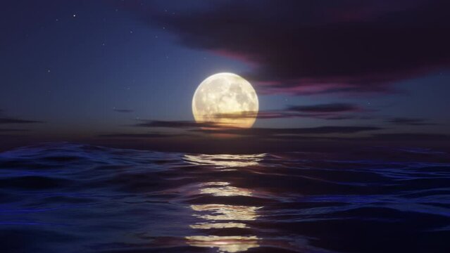 Full moon over the ocean at night. Stylized looped animation. 3d render.