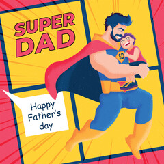 Fototapeta na wymiar superhero dad with son in arms father's day vector poster template