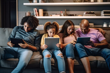 Diverse family seated on a couch, engrossed in technology devices tablets, smartphones, and e-readers, depicting social impact, screen time, technology addiction and overuse, generative ai