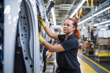 Confident female worker skillfully operating high-tech machinery in a modern automotive manufacturing setting, candid shot, generative ai - obrazy, fototapety, plakaty