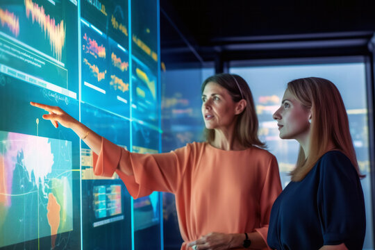 Two businesswomen engaged in strategic discussions on data and analytics in front of a corporate information wall displaying monitors and graphs, innovation and technology,  generative ai