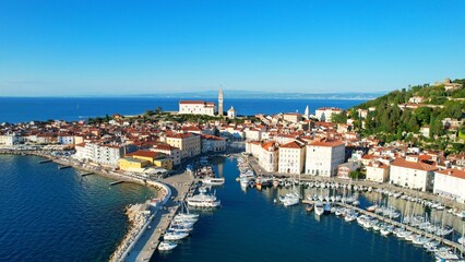 Obraz premium Piran - Slovenia - drone video An aerial view with the drone over the beautiful town of Piran