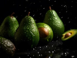 Fototapeta na wymiar Avocados, seamless background, visible drops of water, overhead angle, shot using a Hasselblad camera, ISO 100, soft light, award-winning photograph, color grading, high-end retouching, advertising ph