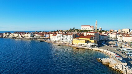 Naklejka na ściany i meble Piran - Slovenia - drone video An aerial view with the drone over the beautiful town of Piran