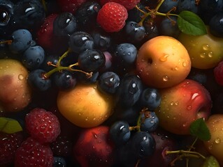 Fototapeta na wymiar fruits, seamless background, visible drops of water, overhead angle, shot using a Hasselblad camera, ISO 100, soft light, award-winning photograph, color grading, high-end retouching, advertising phot