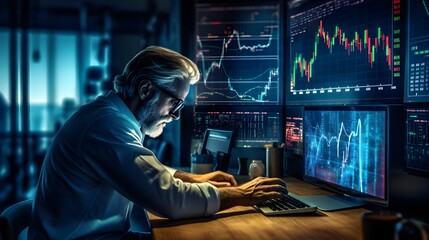 Fototapeta na wymiar A solitary trader studies stock market graphs on expansive multi monitor workstations, employing mobile app analytics for cryptocurrency and investment growth chart analysis. AI Generative.
