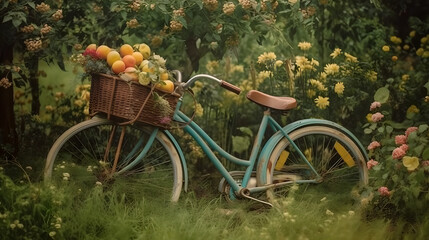 a bike with flowers and apples on the grass, in the style of light teal and yellow.