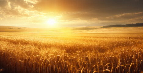 Fototapeta premium Landscape panorama of wheat fields with setting golden sun