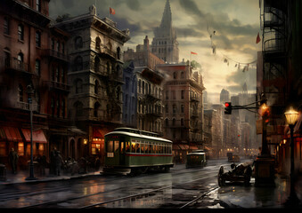 NYC, New york city skyline at night street road with taxis traffic, old town style