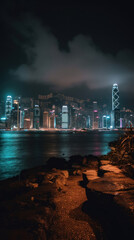Hong Kong City Skyline from Avenue of Stars at Nighttime