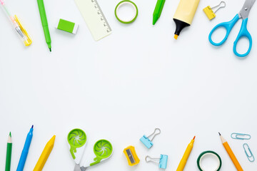 Set of stationery for work and study on white background. Back to school. Top view, flat lay, copy space