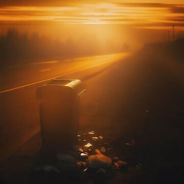 Trash beside the road at sunset