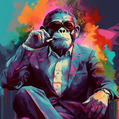 Colourful abstract digital art image depicting a monkey dressed like a businessman. Generated AI 