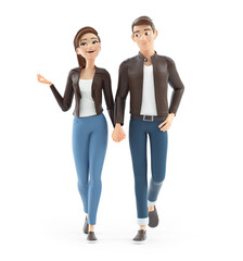 3d cartoon man and woman walking hand in hand