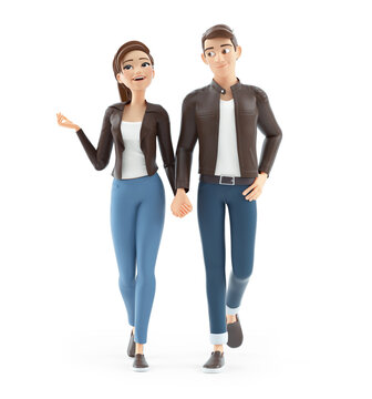 3d cartoon man and woman walking hand in hand