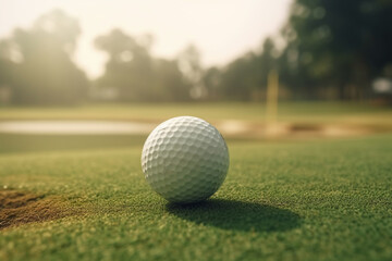 Golf ball on green lawn of golf course. Close up view. Generative AI