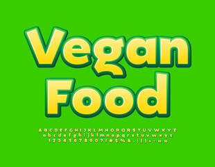 Vector advertising sign Vegan Food. Modern  creative Font. Yellow and Green Alphabet Letters, Numbers and Symbols set