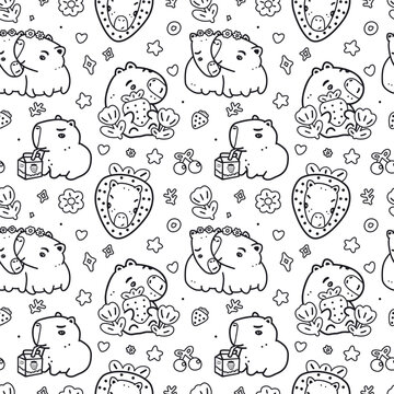 Black and white seamless pattern with strawberry, capybara and tulips for girly design. Cute background for textiles, print for fabric, wrapping paper.