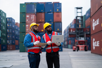 Two African engineers Supervising loading containers from cargo ships. logistics yard business Import and Export Freight Forwarding Industry - obrazy, fototapety, plakaty