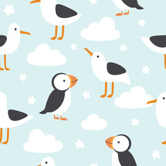 Seagulls and Puffin seamless pattern, vector illustration - 607472715