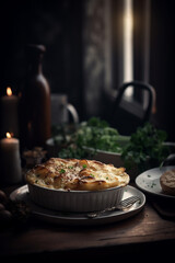 Baked potato gratin. Dark light moody atmosphere. Generative AI