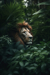Lion head portrait seen trough jungle trees and lush leaves. Generative AI