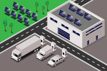 Company electric cars fleet charging on fast charger station at logistic centre. Cargo transport delivery utility vehicles semi truck, van, business recharging renewable solar electricity energy.