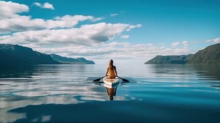 A woman sitting on a paddle board in the middle of a body of water. Generative AI image. - obrazy, fototapety, plakaty