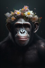 Monkey or chimpanzee portrait with flowers and leaves. Creative animal portrait. Generative Ai