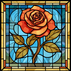 simple flat designed rose flower with stalk, linear style, stained glass - obrazy, fototapety, plakaty