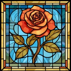 Papier peint adhésif Coloré simple flat designed rose flower with stalk, linear style, stained glass