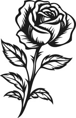 simple abstract flat designed rose flower with stalk, linear style, black and white