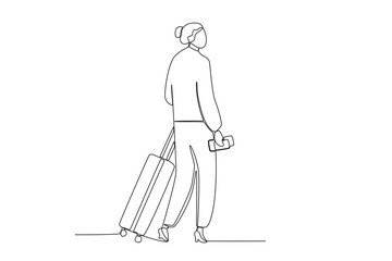 A woman walks with a suitcase. Airport activity one-line drawing