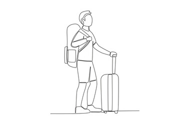 A passenger carrying many bags. Airport activity one-line drawing