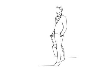 A man wearing a suit carrying a suitcase. Airport activity one-line drawing