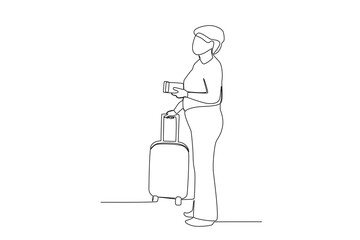 A passenger holds a ticket and a suitcase. Airport activity one-line drawing
