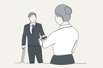 Color illustration of a man and an airport employee. Airport activity one-line drawing
