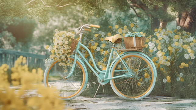 a vintage garden bicycle filled with flowers, in the style of light turquoise and yellow.