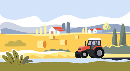 Rural landscape with tractor. Agriculture